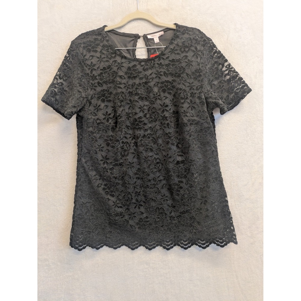 TEDDI ROSE Black Lace Overlay Short Sleeve Top Women's‎ Size M